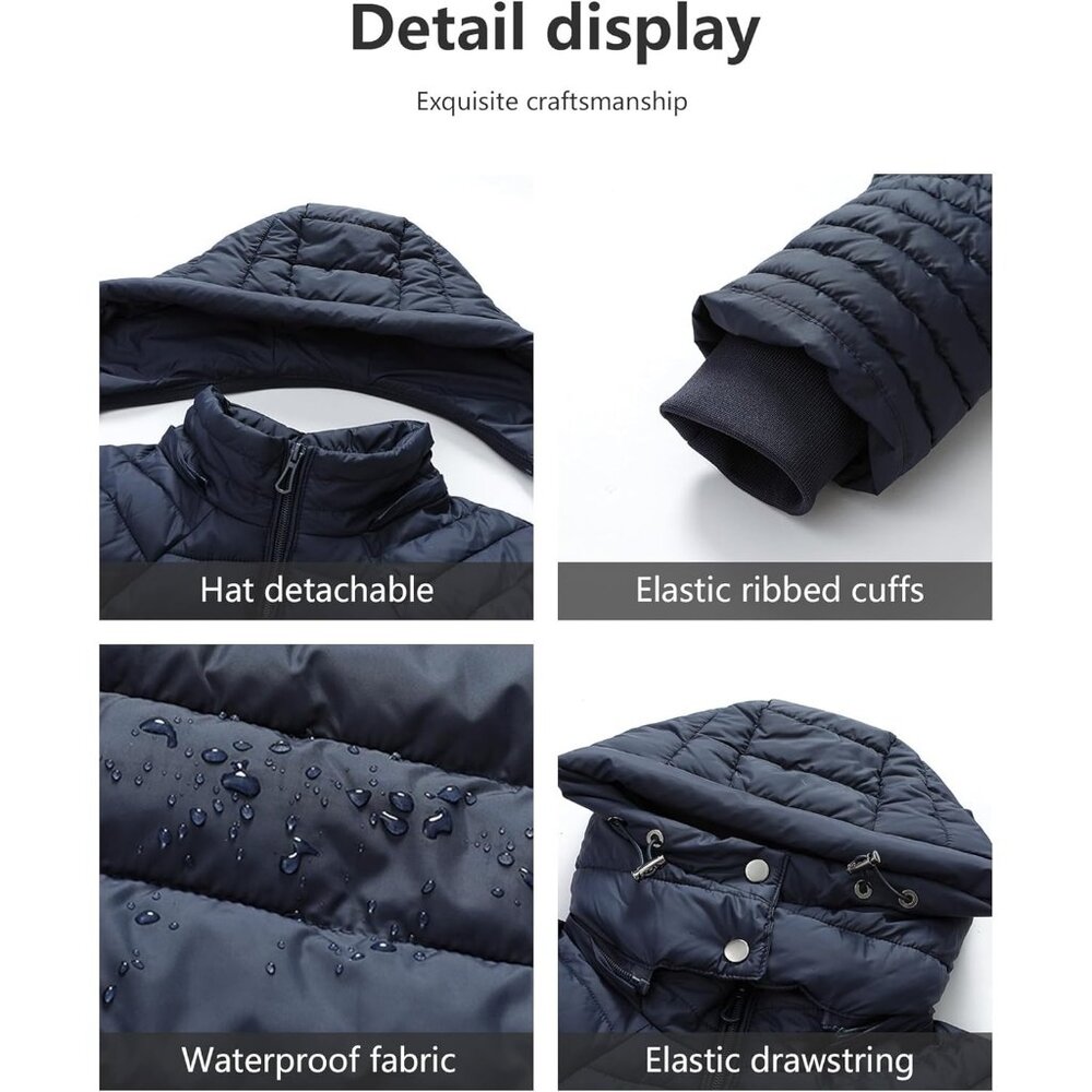 Women's Dark Blue Quilted Hood Down Jacket Coat Detachable Warm Winter Travel - Picture 5 of 5